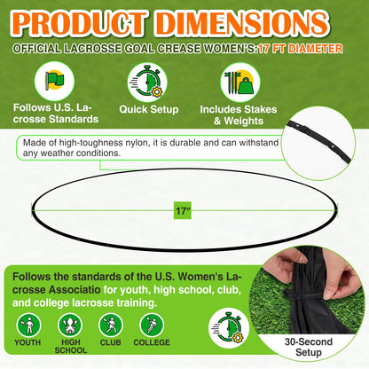 VioraWhite Portable Lacrosse Crease 17 ft, Women's Regulation Size Portable Lacrosse Goal, Weather Crease with Weights, Stakes and Carry Bag(Black)