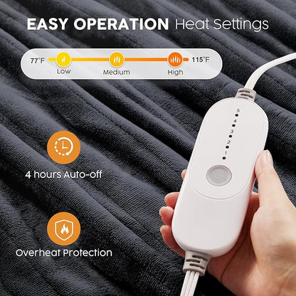HYLEORY Heated Electric Blanket Full 72"x84" Soft Fleece & Flannel with 5 Heating Levels & 10 Hours Timer Auto Shutt Off, ETL Certified, Washable，Heated Blanket for Body-Dark Grey