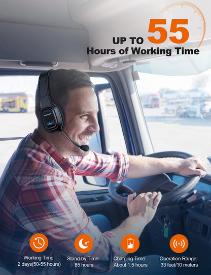 TECKNET Trucker Bluetooth Headset, Trucker Bluetooth Headphones with Microphone AI Noise Canceling Wireless On Ear Headset, Hands Free Wireless Headset for Cell Phone Computer Office Home (Black)