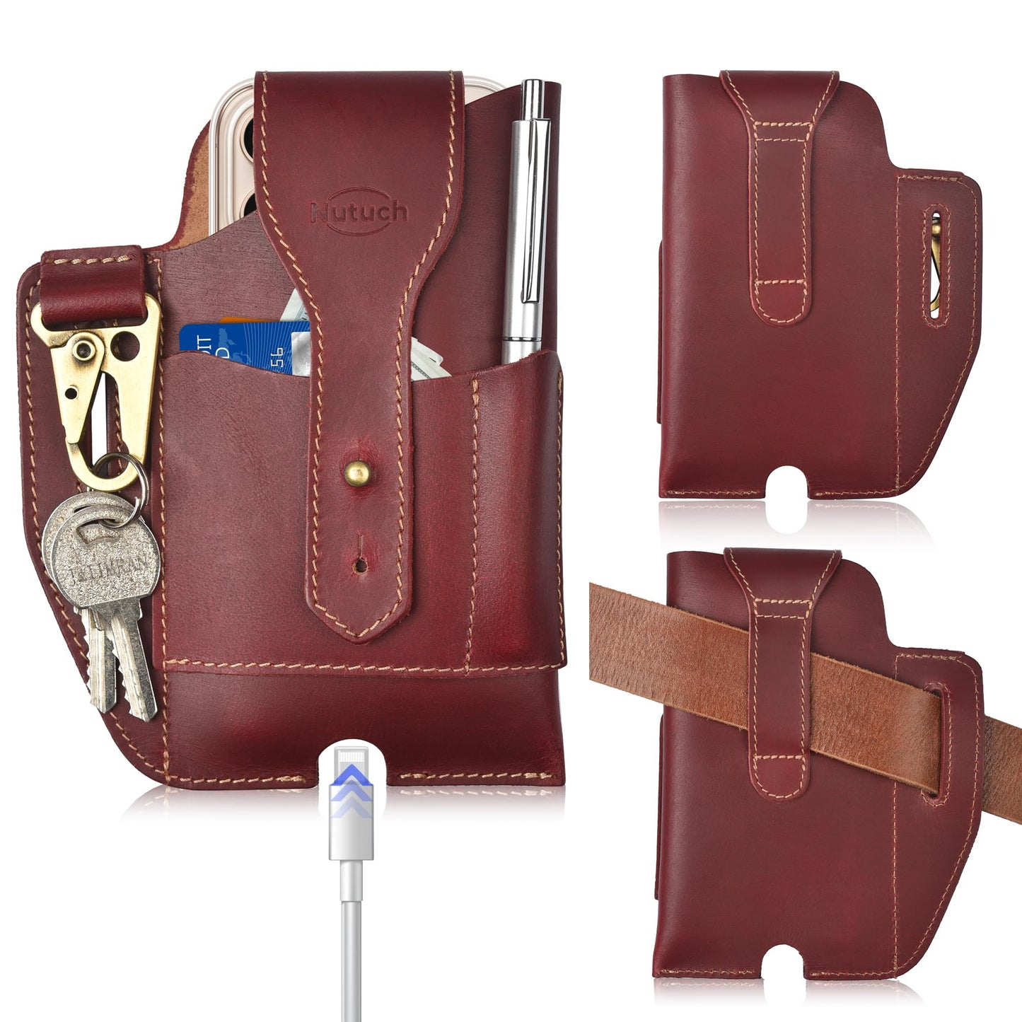 Genuine Leather Phone Holster with Belt Loop | Cell Phone Pouch for iPhone and Smartphone | Cell Phone Holsters Holders | Cell Phone Case | Leather Phone Case (Maroon 501)