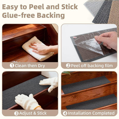 Art3d Stair Treads for Wooden Steps 15Pcs, 8" X 30" X 0.3" Non Slip Stair Runner Rugs with Reusable Adhesive for Elders Kids and Dogs, Machine Washable Peel and Stick Stair Treads Carpet, Black
