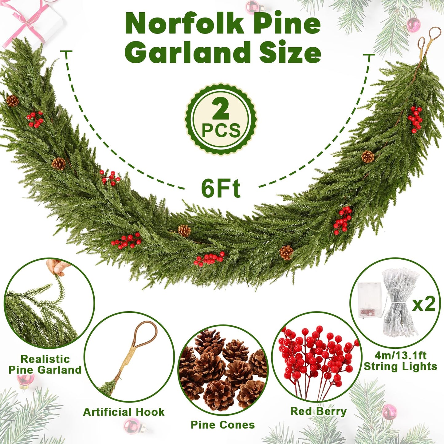2 PCS 6FT Artificial Norfolk Pine Garlands - Real Touch Winter Pine Garland, Green Artificial Greenery Garland for Mantle, Table, Wall, Indoor & Outdoor Fireplace Christmas Decorations