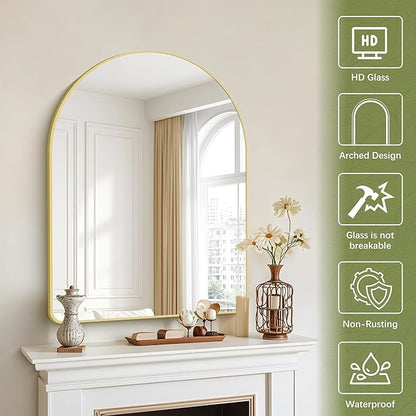 Arched Bathroom Mirror, 30"x40" Gold Arched Mirror for Bathroom, Wall Mounted Mirror, Gold Vanity Wall Mirror w/Metal Frame for Bedroom, Entryway, Living Room, Vertically Hanging or Leaning Against