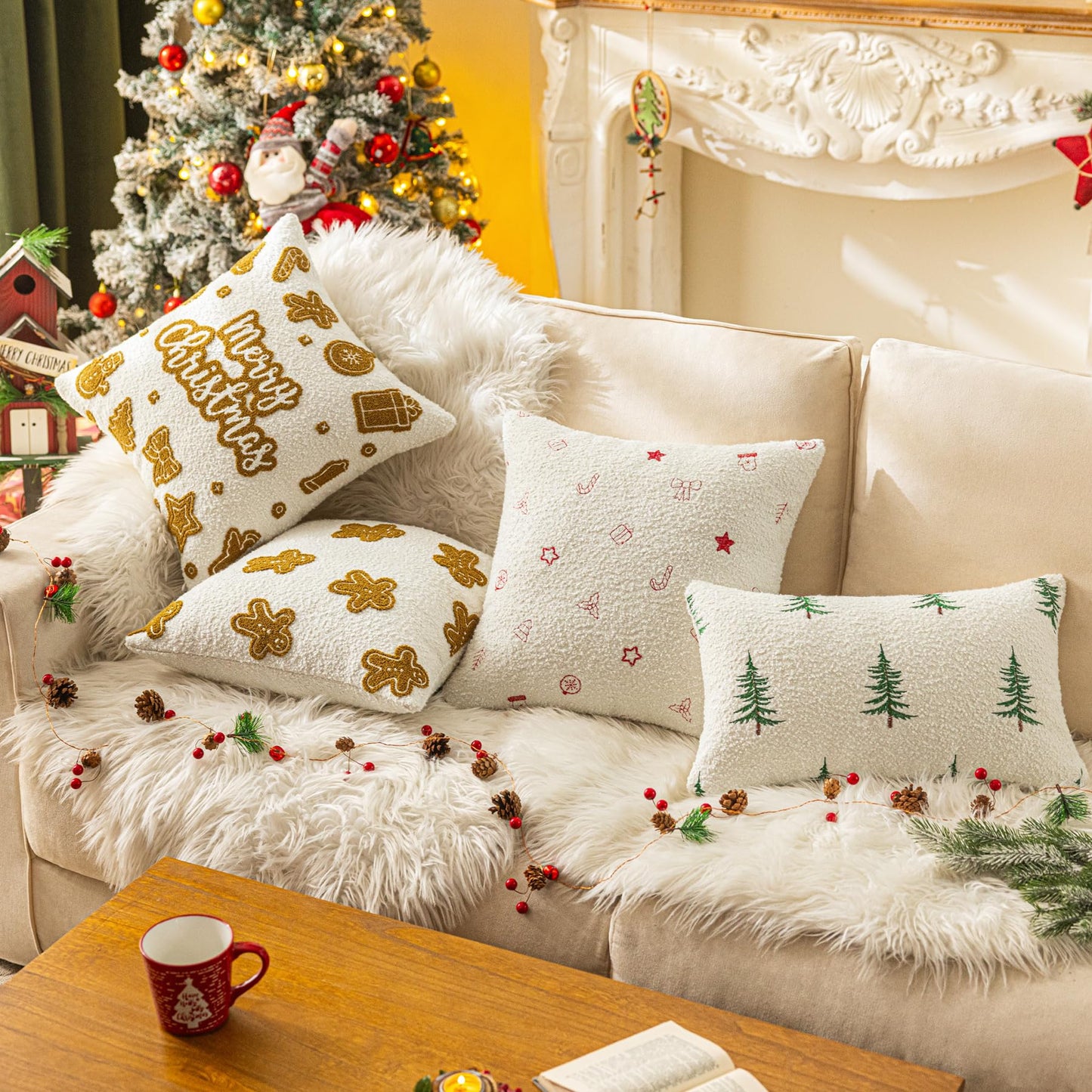 SINYASAN Christmas Pillow Cover 18x18 Inch 1 Pack White Boucle Gingerbread Shaped Cushion Cover, Fluffy Textured Decorative Throw Pillow Case for Couch Sofa Bed Living Room Porch Winter Home Décor