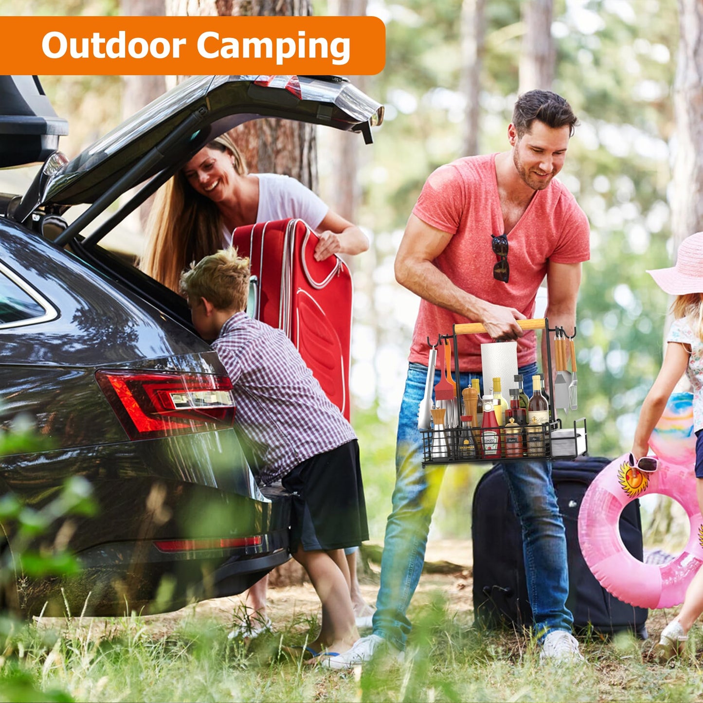 Toncoke Large Grill Caddy with Paper Towel Holder & Side Hooks, All-in-One BBQ Tool Organizer with Adjustable Dividers, Rustproof for Outdoor Kitchen, Camping, RV - Black