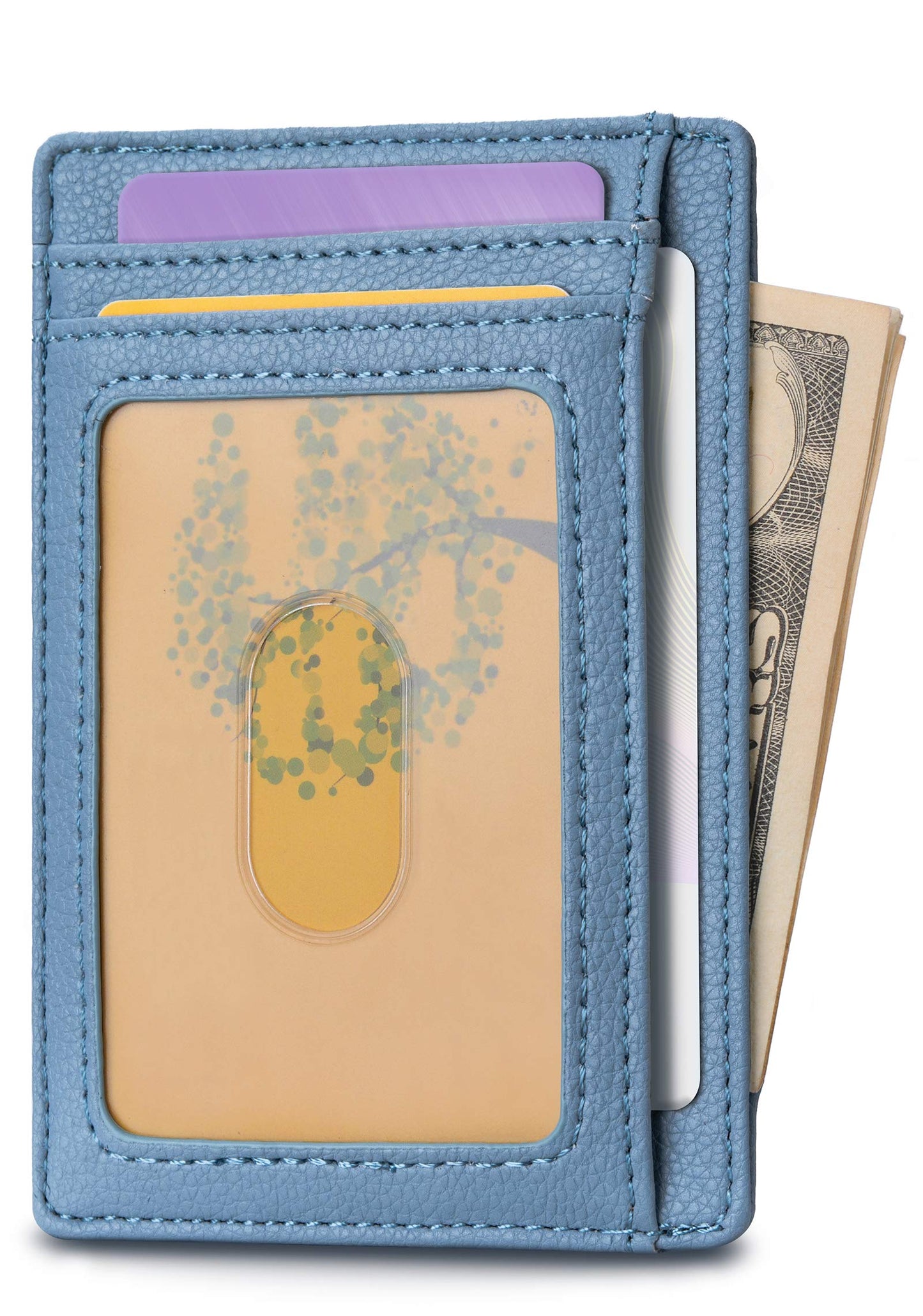 Buffway Slim Minimalist Front Pocket RFID Blocking Leather Wallets for Men and Women - Lichee Blue Grey