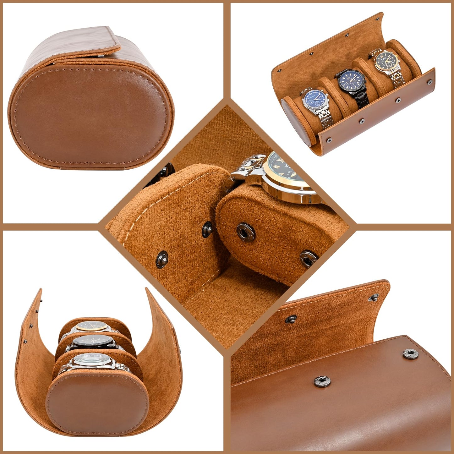 ROSELLE Watch Roll Travel Case for Men and Women- 3 Watch Storage and Organizer-Secure Storage with Innovative Removable Pillows & Solid Dividers for Home, Travel and Display(Brown)