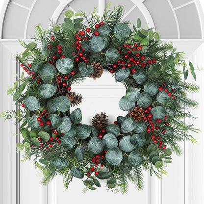 Spring Wreaths for Front Door,Boxwood Wreaths for Indoor and Outdoor Wedding Decorations,Spring Wreath with Pine Cones and Leaves,Berries,Eucalyptus Leaves for Home Decor