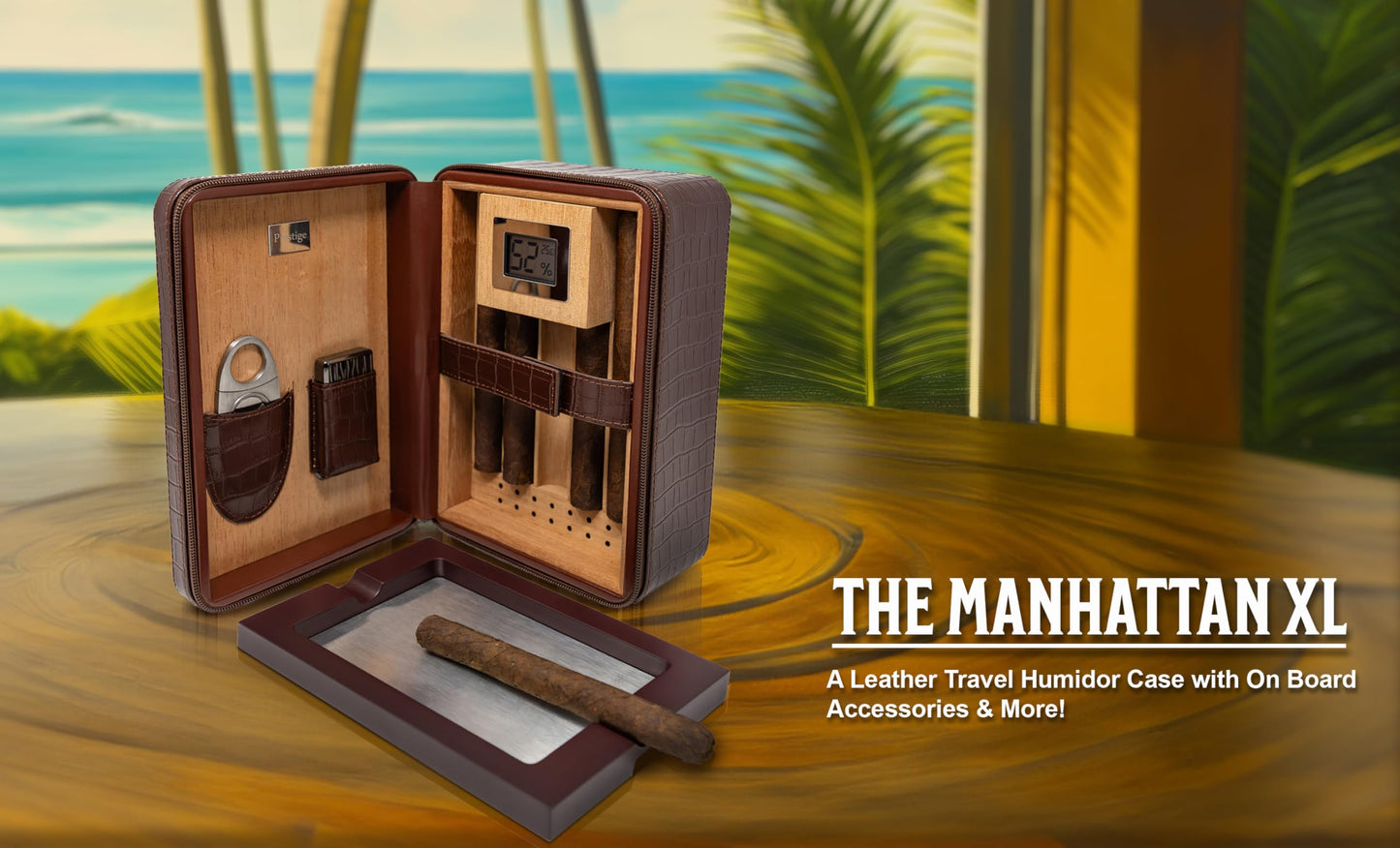 Prestige Import Group Manhattan XL Travel Cigar Humidor Case Set (Hygrometer, Ashtray, Cutter, Lighter, Humidifier) - Brown
