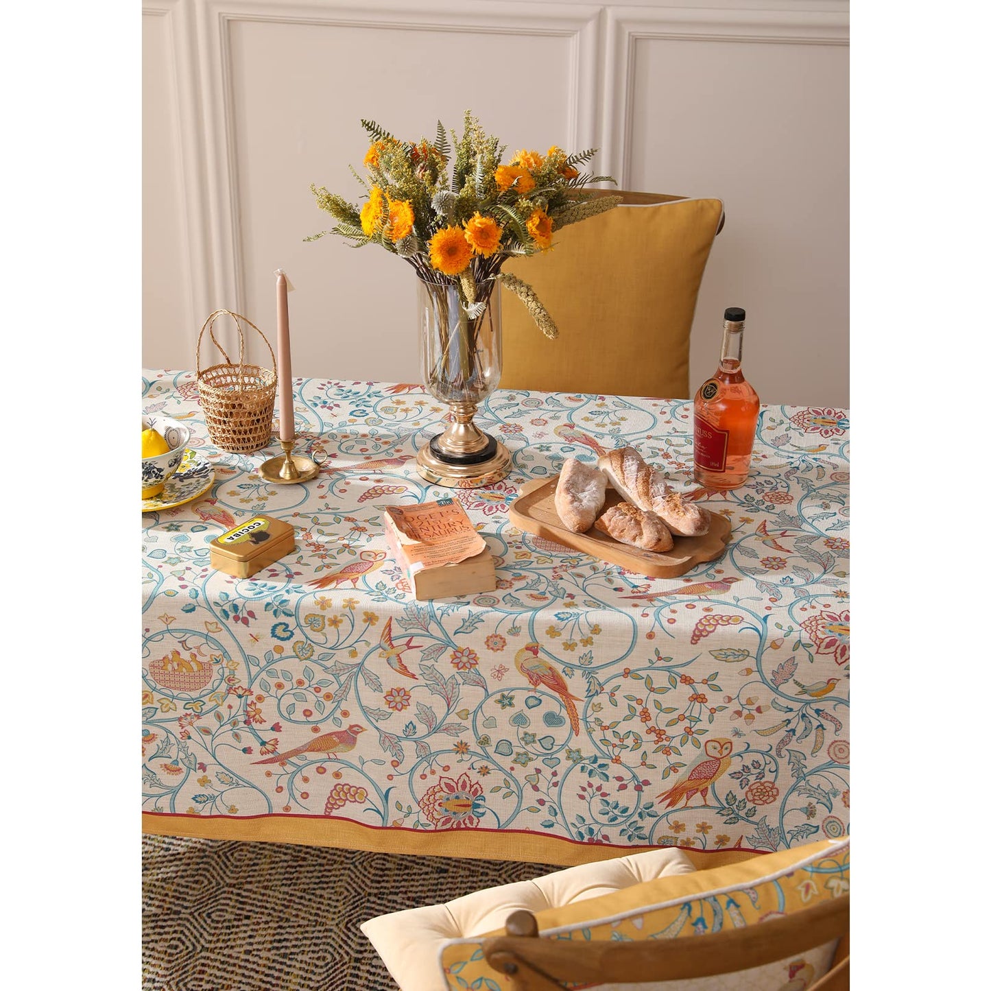 patdrea Designer Yellow French Spring Summer Tablecloth,Rustic Linen Floral Birds Pattern Table Cloth for Square Tables,Decor Table Cover for Kitchen Dining Holiday Banquet,Christmas,55"*55"