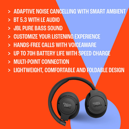 JBL Tune 770NC - Adaptive Noise Cancelling with Smart Ambient Wireless Over-Ear Headphones, Bluetooth 5.3, Up to 70H Battery Life with Speed Charge, Lightweight, Comfortable & Foldable Design (Blue)