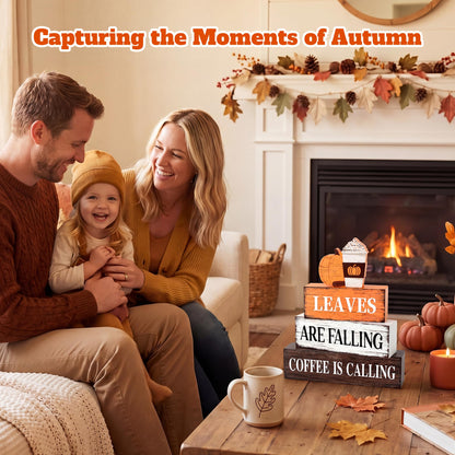 4 Pcs Fall Decor Wooden Tiered Tray Decor, Pumpkin Coffee Fall Decorations Gifts for Home, Autumn Thanksgiving Table Centerpiece for Autumn Harvest Party Kitchen