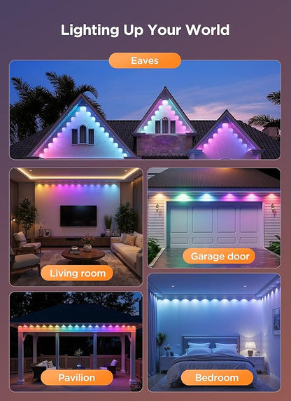 SmartDawn-Permanent-Outdoor-Lights, 100FT 64 Bulbs RGBIC LED Outdoor String Lights, DIY Scene Mode, IP68 Waterproof Christmas Lights for Daily Decor, House Roof, Holiday Decorations, Outside