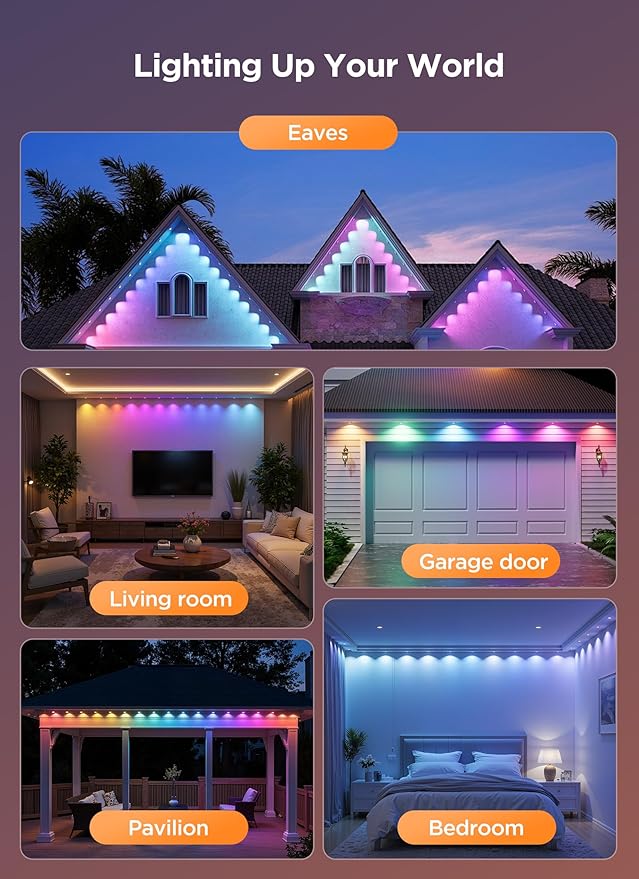 Permanent Outdoor Lights, 50FT with 32 Smart RGBIC LED Lights, DIY Scene Mode, IP68 Waterproof Christmas Lights for Daily and Accent Lighting, Outdoor Decor, House Roof, Holiday Decorations