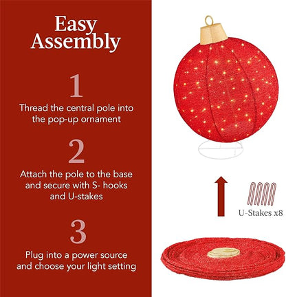 Best Choice Products 2pc Lighted Pop-Up Outdoor Christmas Ornament Set, Holiday Ball Decoration w/ 180 LED Lights, 8 Light Functions - Red/White
