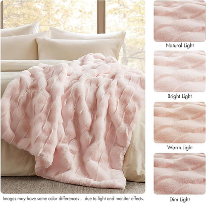 Madison Park Luxuriously Cozy Soft Long Faux Fur Basketweave Blanket, Reversible Soft & Snuggly Velvet Throw, Lightweight, Breathable, All Season, Trendy Room Décor, 50x60, Pink