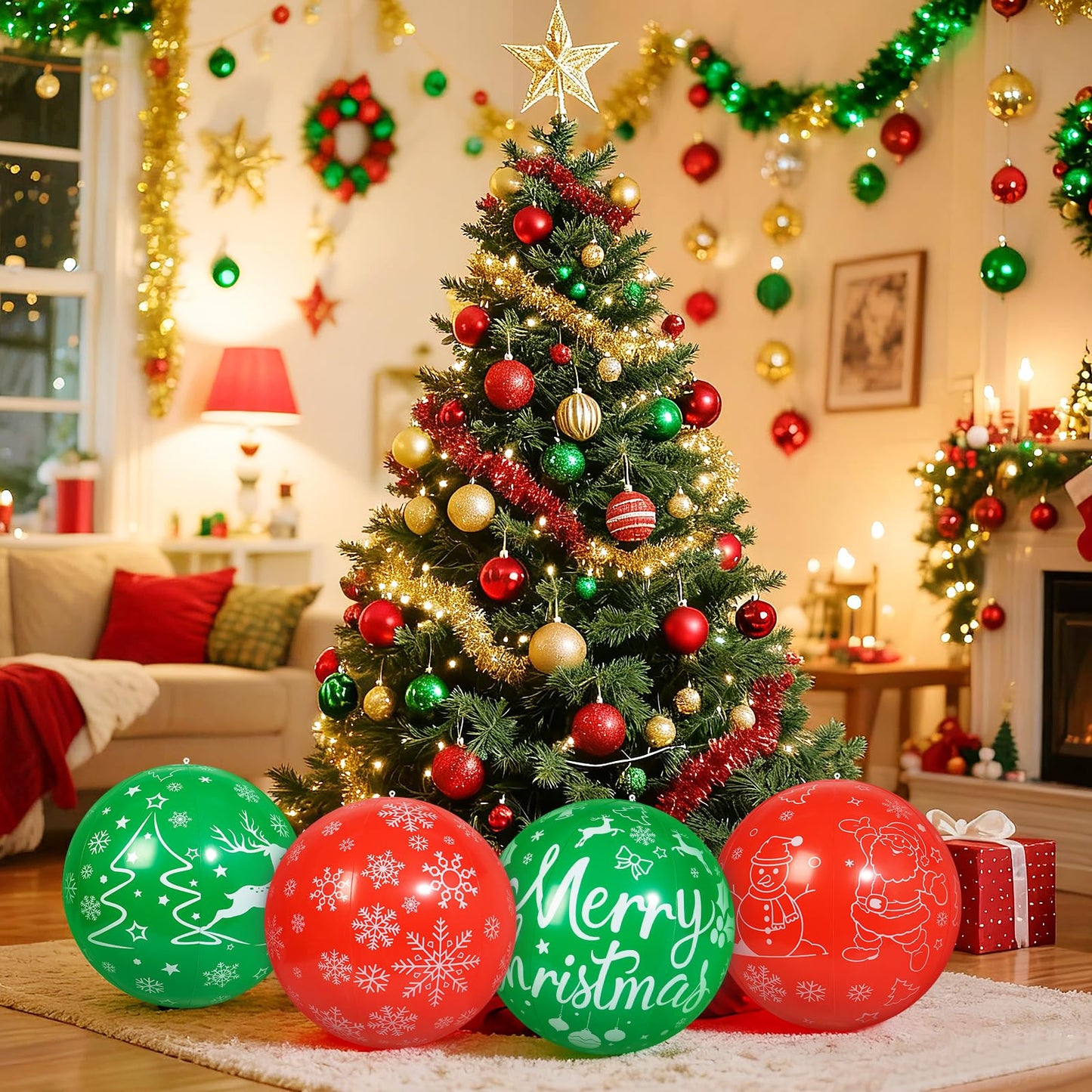 TaoQ C 4 PCS 16 Inch Christmas Inflatable Balloons PVC Hanging Christmas Inflatable Outdoor Balls for Xmas Garden Lawn Yard Holiday Front Door Decoration