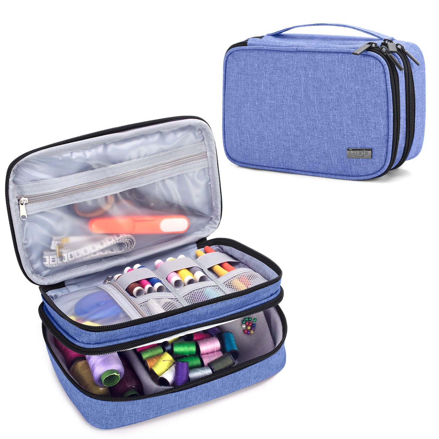 Luxja Sewing Accessories Organizer, Double-Layer Sewing Supplies Organizer for Needles, Scissors, Measuring Tape, Thread and Other Sewing Tools (NO Accessories Included), Dark Blue