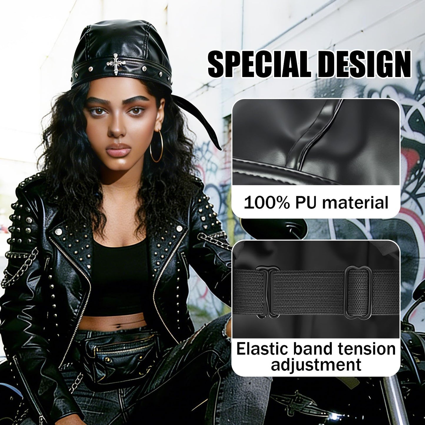 Vigdit Leather Biker Cap, Black Skull Cap for Women & Men, Adjustable Leather Punk Bandana Biker hat with Pants Chain