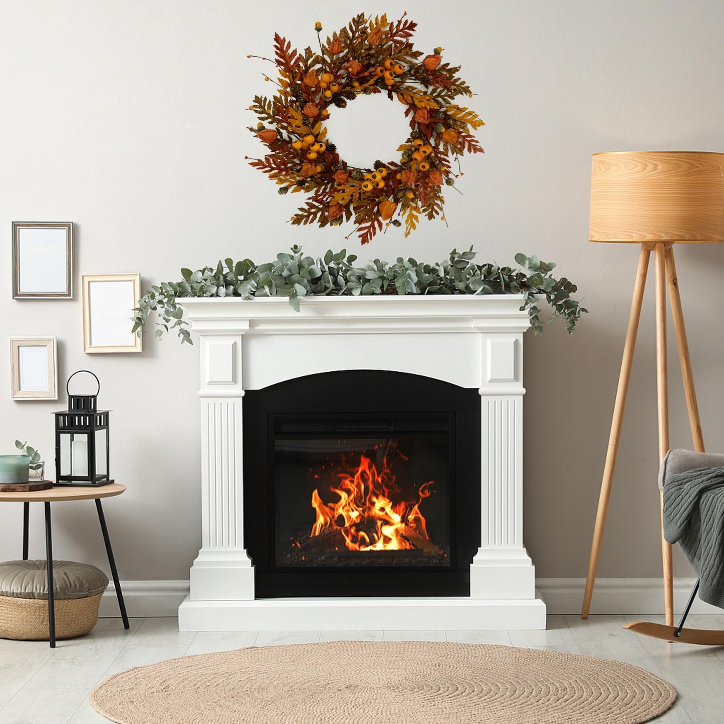 WreathDream 20 inch Fall Wreath Autumn Oak Leaves Wreath with Cape Gooseberry,Oak Leaf,Acorn,Berry,Pine Cone for Front Door Farmhouse Indoor Outdoor Festival Home Decor
