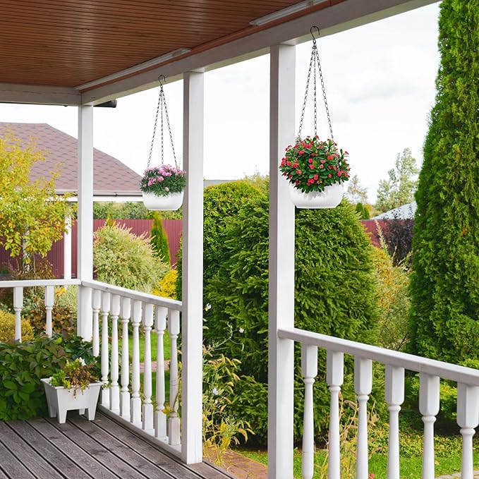 Set of 2 9 Inch White Self Watering Hanging Planters for Indoor Outdoor Plants, Thickened Hanging Flower Pots with Drainage Hole & Plug and 20" Chain Hanger