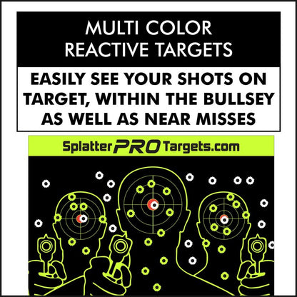12x18 Splatter Targets. Fully Reactive Targets. See Your Hits and Your Misses! Shots Burst with a Bright Splatter Upon Impact. Instantly See Your Shots. Printed on a Heavy Duty Card Stock.