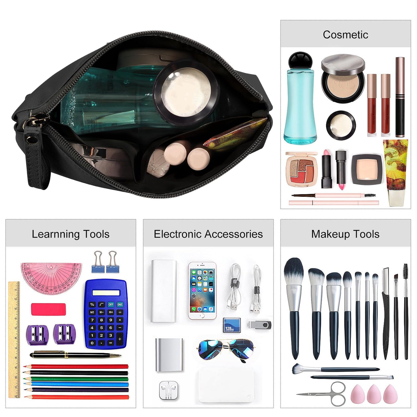 MAANGE Cosmetic Bags for Women Small Makeup Bag for Purse Pu Leather Makeup Pouch Travel Makeup Bag with Zipper Make Up Bag for Travelling (Black)