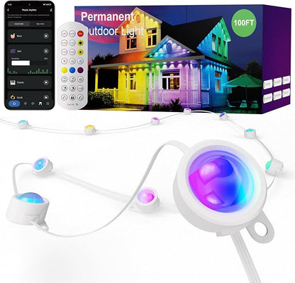 ISOPHO Permanent Outdoor Lights, Smart RGB String Lights with 75 Scene Modes, 100ft Eaves LED Light, Waterproof IP67, Applicable to All Holidays, Parties, Halloween, Christmas, App & Remote Control