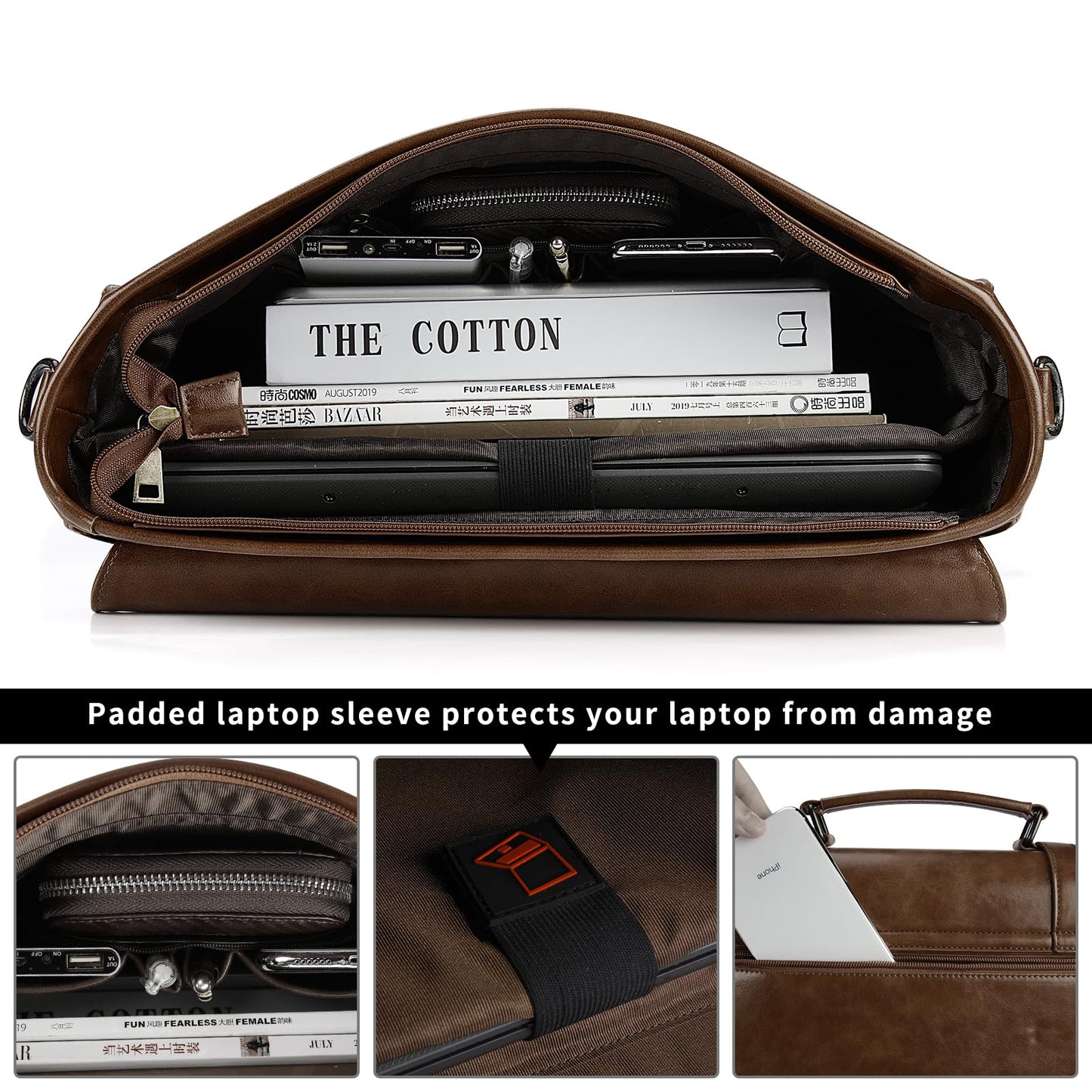 Leather Mens Messenger Bag Vintage 15.6 Inch Waterproof Leather Laptop Briefcase Satchel Shoulder Bag Computer Laptop Bag, Dark brown