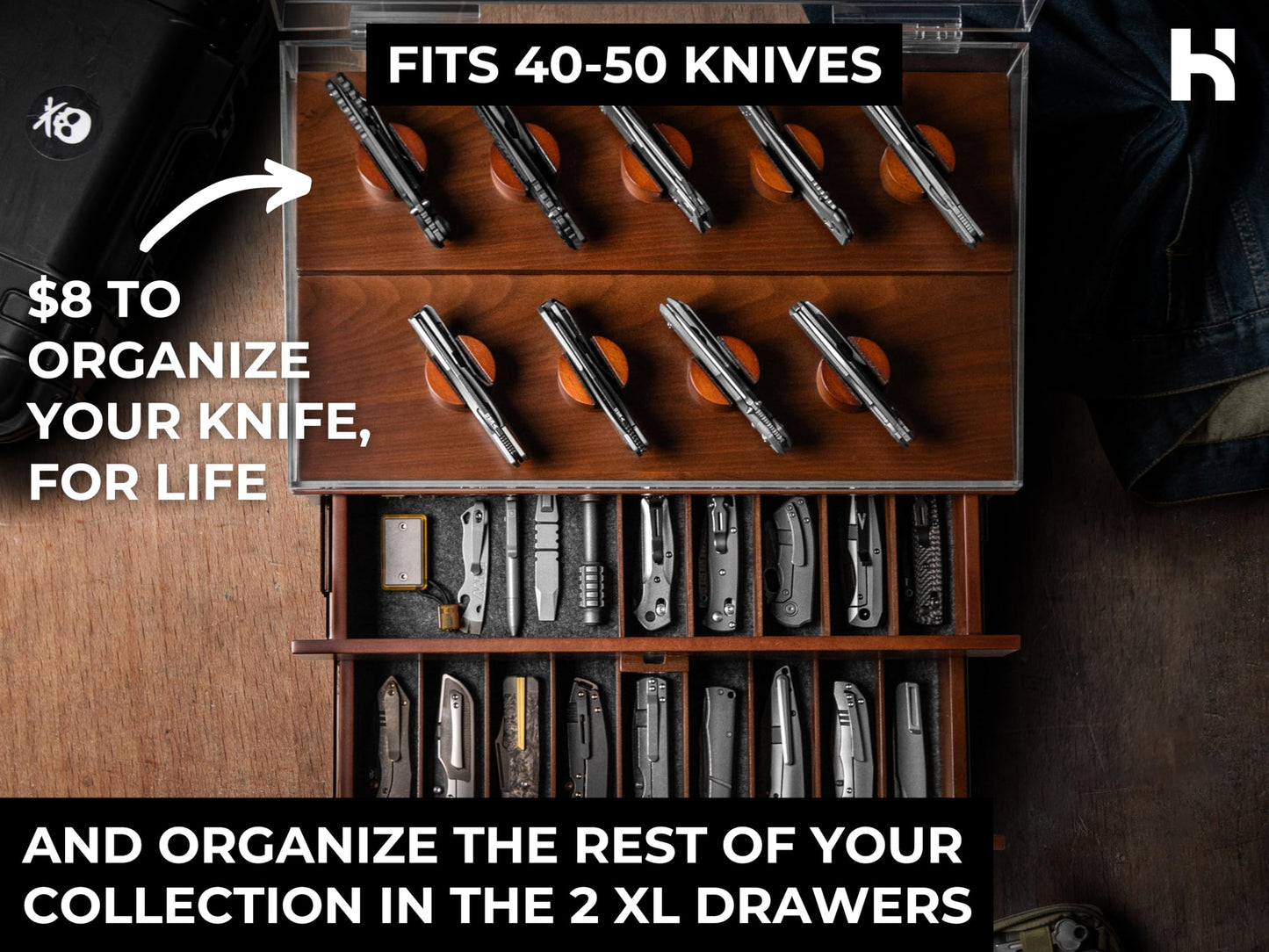 Premium Pocket Knife Display Case for 50 Knives - Extra Large Wooden Knife Organizer, Storage & Holder with Unique Pillars, 2 Drawers - Knife Collection Box - Handcrafted Father's Day Present for Men