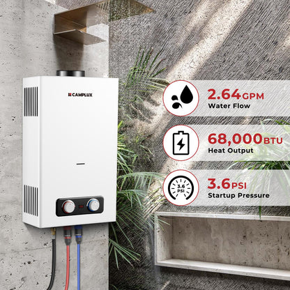 CAMPLUX Portable Propane Water Heater 2.64 GPM, Camping Water Heater with 3.3 GPM Water Pump Kit & Pipe Strainer, 68,000 BTU, BD264P120