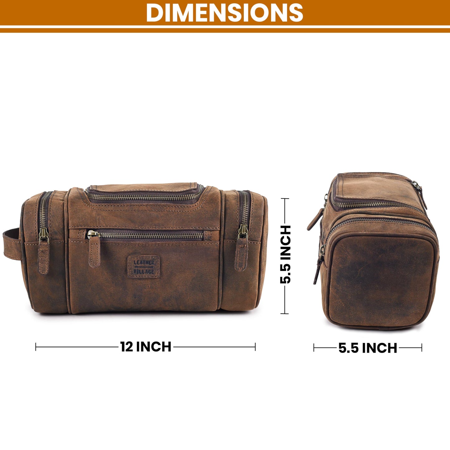 LEATHER VILLAGE Genuine Leather Travel Dopp Kit for Men & Women – Large Capacity Hanging Toiletry Bag with Water-Resistant Lining – Ideal for Travel, Grooming & Gym - Brown