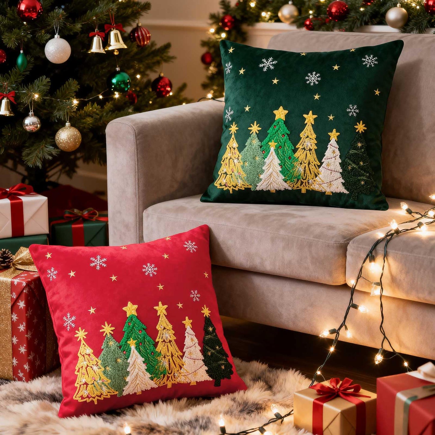 Lanpn 16x16 Christmas Pillow Covers Set of 2, Embroidery Cute Christmas Tree Decorative Holiday Pillowcase Pillow Case Cushion 16 x 16 for Indoor Home Bedroom Sofa Couch Xmas Decor