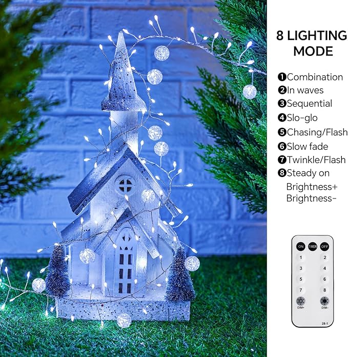 Copper Wire Firecracker Christmas Lights, 26FT 400LED Plug-in Twinkle Cluster Fairy Lights for Christmas Tree with Remote for Bedroom Dorm Wreath DIY Wedding Christmas Decoration
