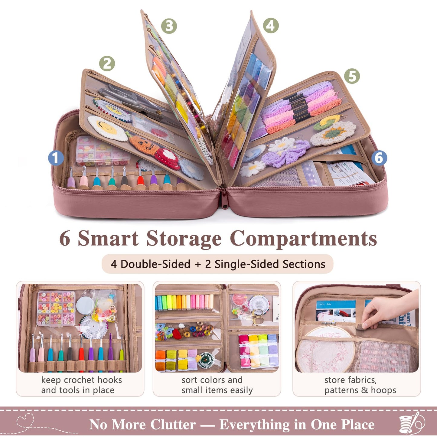 AMOIGEE Sewing Supplies Organizer Bag, Large Craft Storage Tote with 17 Clear Pockets&Tool Holders, Portable Crochet Knitting Embroidery Organizer Case for Threads, Hooks, Needles & Sewing Accessories