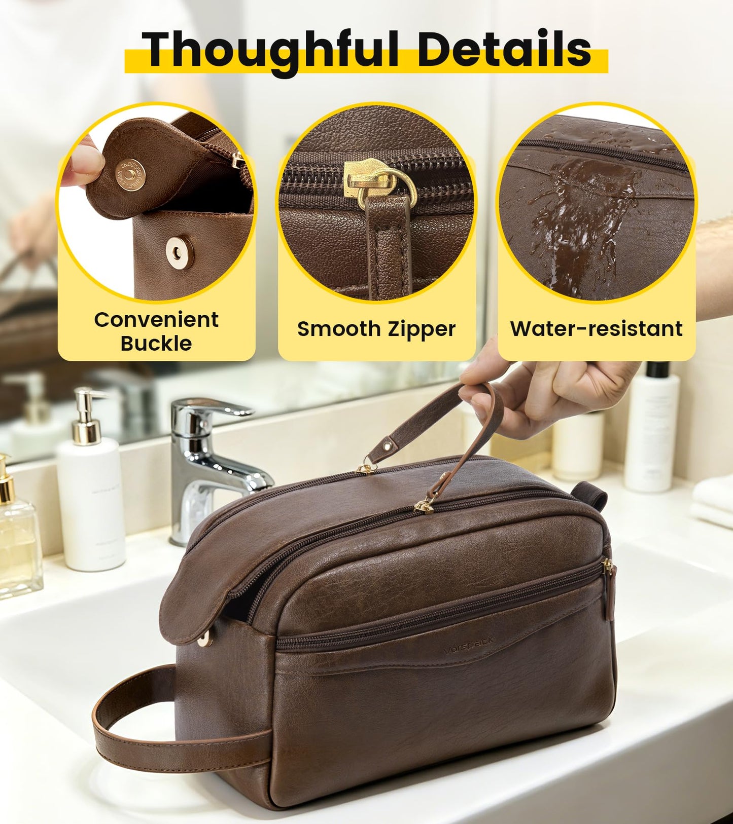 Vorspack PU Leather Toiletry Bag for Men, Water-Resistant Travel Bag for Toiletries, Wide Opening Bathroom Organizer for Shaving, Grooming, Skincare - Dark Brown