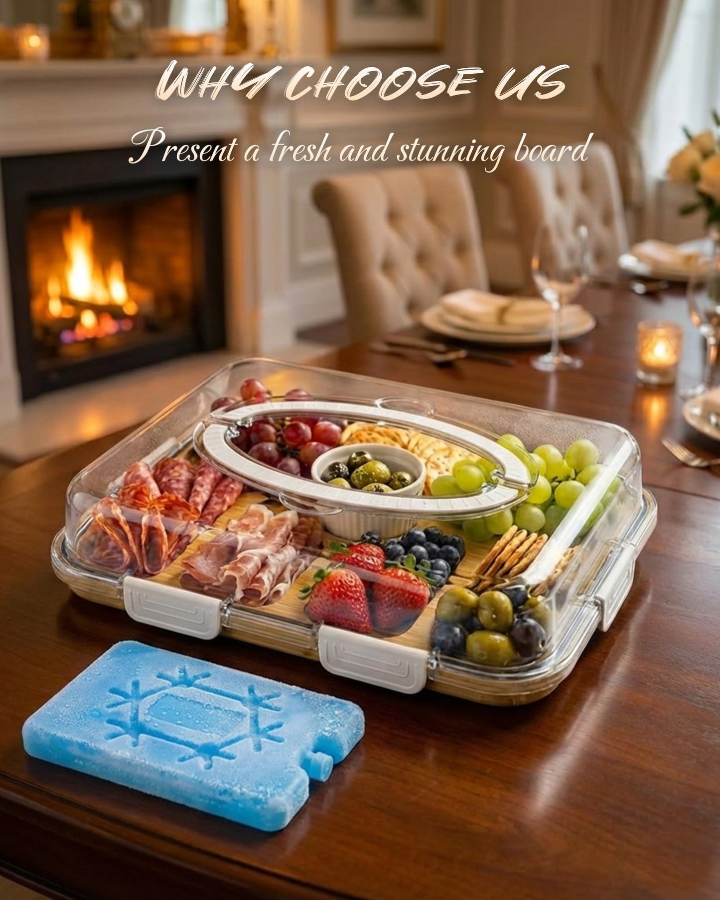Charcuterie Board with Lid & Ice, Upgraded 6 Snap Laches, Sauce Cup Included, Large Portable Cheese Tray with Handle, Serving Tray for Picnic & Pool, House Warming Gifts New Home (White)