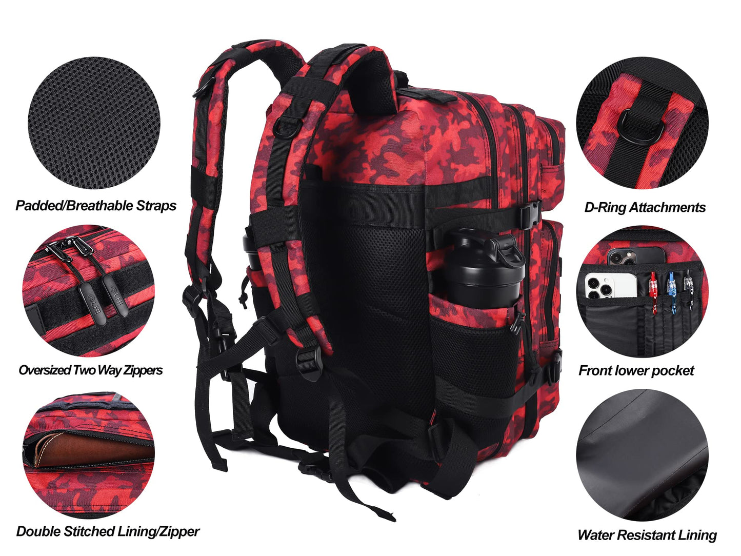 LHI Military Tactical Backpack for Men Molle Daypack 45L Army 3 Days Assault Pack Bag Large Rucksack With Bottle Holder(12*20*12)