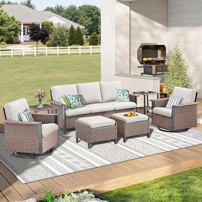 Outdoor Patio Furniture Set Swivel Chairs-7 Pieces All-Weather Wicker 3 Seater Sofa with 2 Ottomans Rattan Side Table, Wicker Sofa Outdoor Furniture for Porch Deck Backyard Brown/Beige