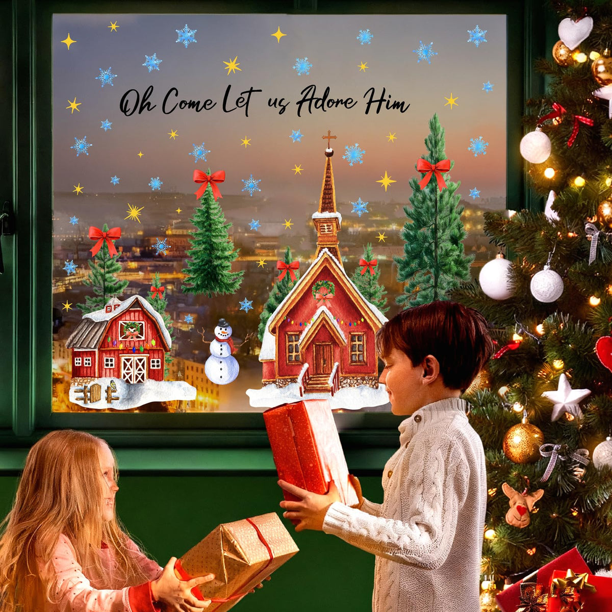 Large Christmas House Wall Stickers Christmas Pine Tree Window Wall Decals Winter Snowflake Snowman Tree House Window Stickers Holiday Windows Decals Removable Xmas Party Decorations
