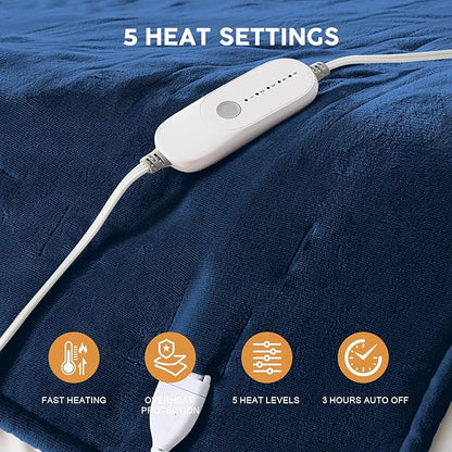 HYLEORY Heated Electric Blanket Twin 62"x84" Soft Fleece & Flannel with 5 Heating Levels & 10 Hours Timer Auto Shutt Off, ETL Certified, Washable，Heated Blanket for Body-Navy