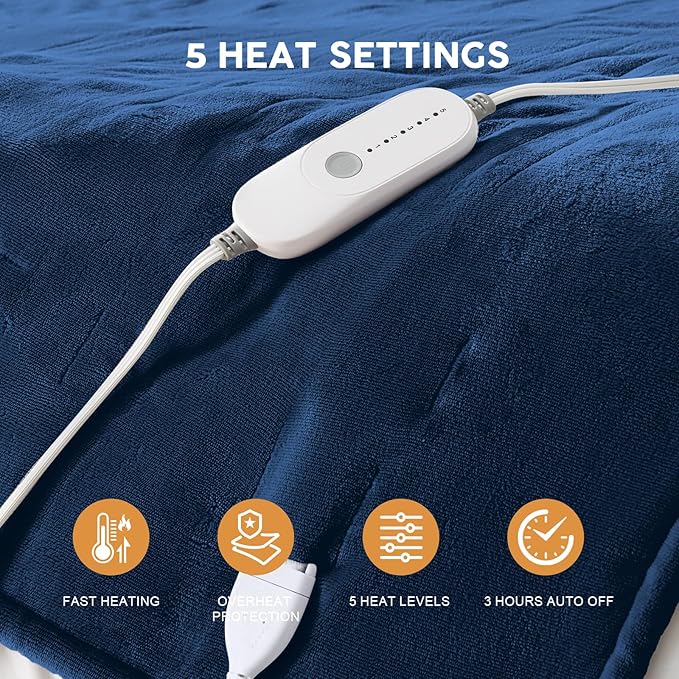 HYLEORY Heated Electric Blanket Throw 50"x60" Soft Fleece & Flannel with 5 Heating Levels & 3 Hours Timer Auto Shutt Off, ETL Certified, Washable，Heated Blanket for Body-Navy