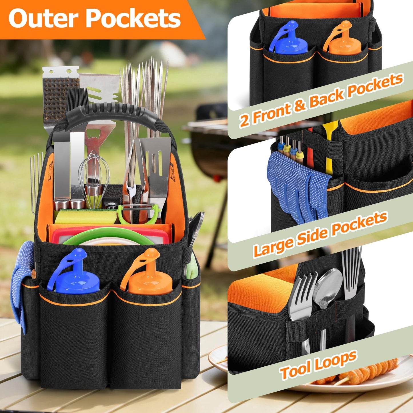 HODRANT Grill Utensil Storage Bag, Portable BBQ Tool Caddy with Divider & Boards, Large Grilling Tool Box with Pockets & Handle, Outdoor Barbecue Accessories Case for Camping & Kitchen, Bag Only