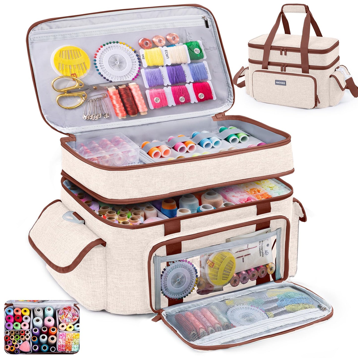 AMOIGEE Large 15" Double-Layer Sewing Storage Bag with Detachable Diviers – Large Sewing Organizer with Shoulder Strap, Elastic Loops for Sewing Supplies, Tools & Accessories