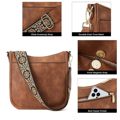 BOSTANTEN Crossbody Bags for Women Trendy Vegan Leather Hobo Purses Shoulder Handbags With Wide Shoulder Strap Brown