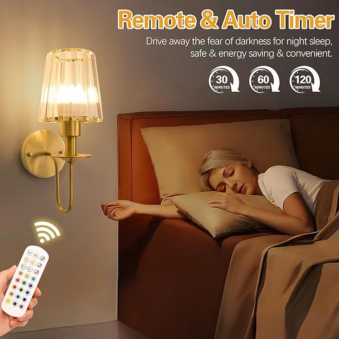 Battery Operated Wall Sconces set of Two,Wireless Wall Sconces with 5000 mAh Bulb and Remote,LED 15 Colors Rechargeable Gold Wall Sconce with Crystal for Bedroom Living Room Hallway Wall Decor