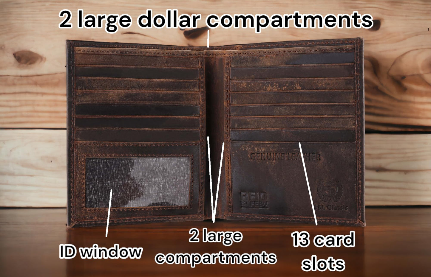 F&L CLASSIC RFID Blocking Mens Leather Bi-Fold Big Hipster Wallet, 13 credit card slots,buffalo vintage brown