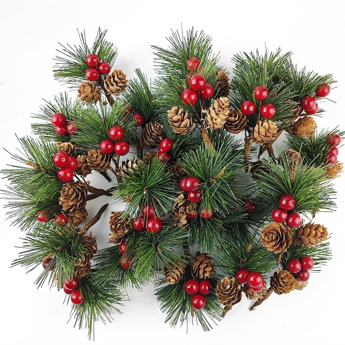 TIHOOD 25PCS Artificial Pine Picks, Pine Needles Branches with Red Berry Stems, Small Fake Berries Pinecones Branches for Crafts Christmas Tree DIY Garland Holiday Wreath