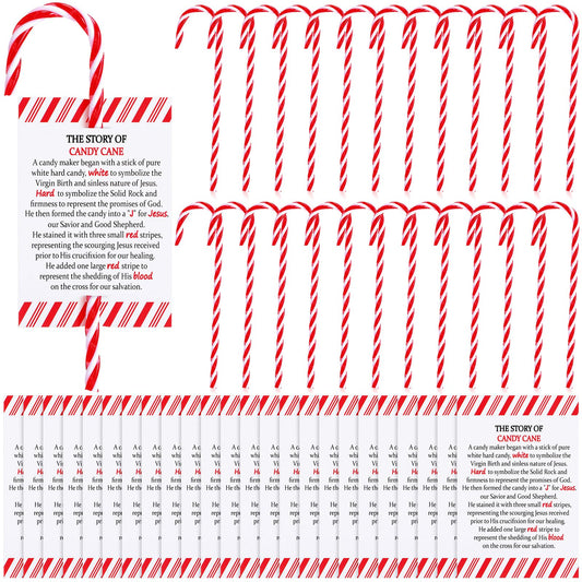 Cinnvoice 50 Sets Christmas Candy Cane Ornament and Candy Cane Meaning Story Cards Plastic Christmas Tree Hanging Ornaments Twisted Red and White Tree Decoration for Xmas Party Supplies