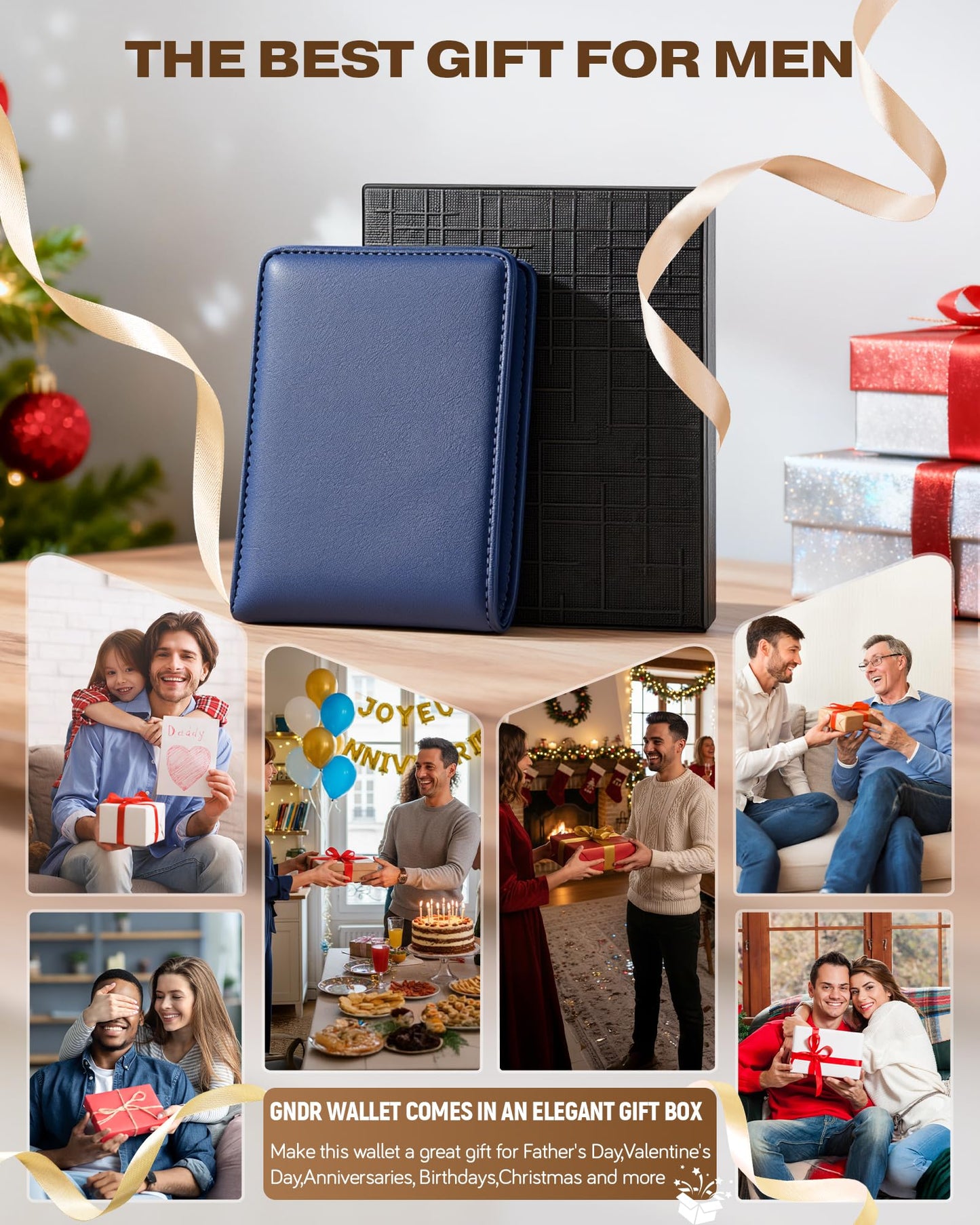 GNDR Wallet For Men Bifold Blue RFID Blocking Slim Faux Leather Wallets Card Holder Front Pocket Minimalist Men Accessories With Gift Box